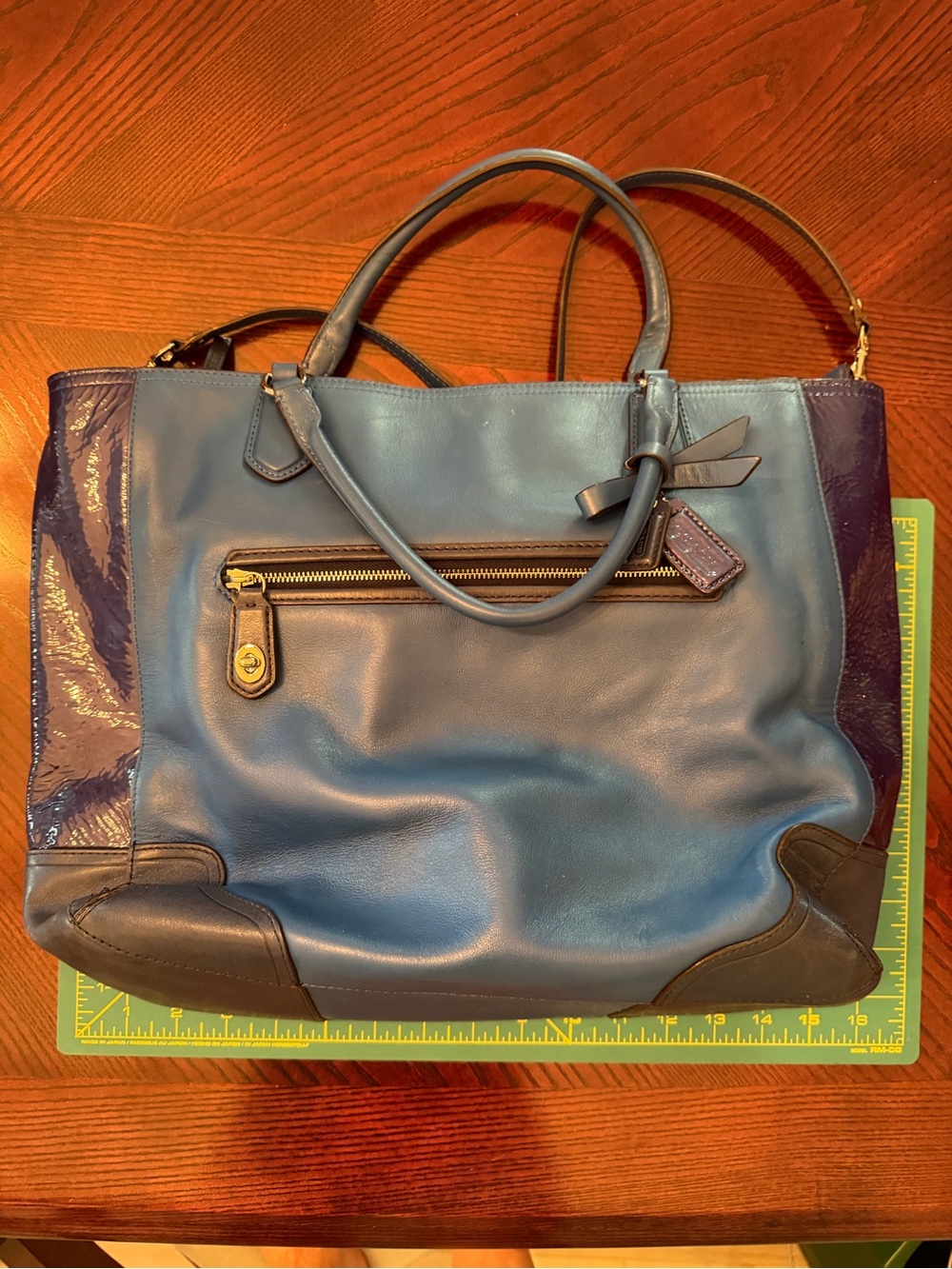 Coach Blue Leather Tote with Patent Navy Side Panels